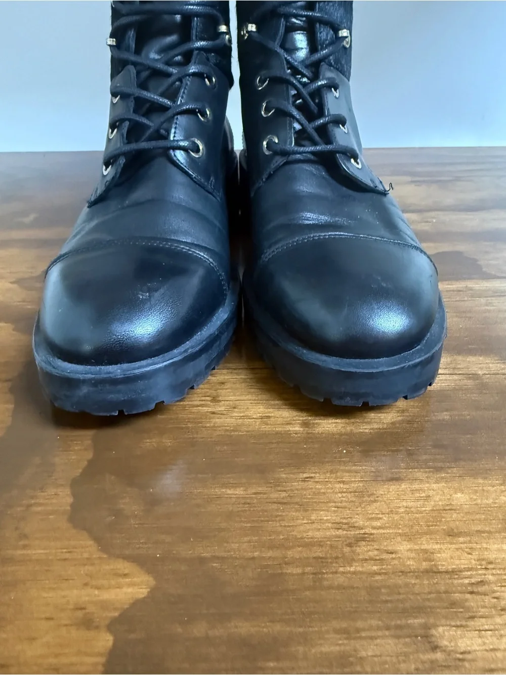 Massimo Dutti Black Leather & Pony Hair Lace-Up Ankle Boots